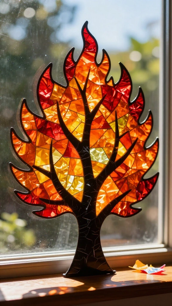 Burning bush crinkled tissue suncatcher
