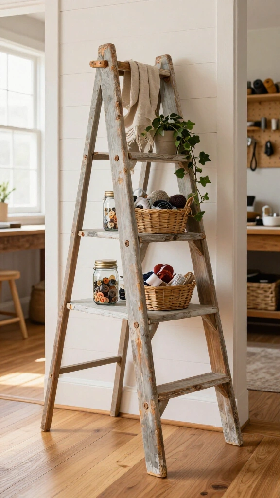 Repurposed ladder shelf