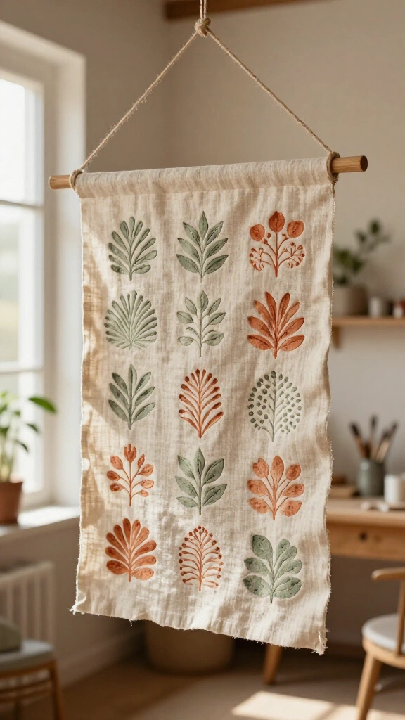 Stamped linen wall hanging