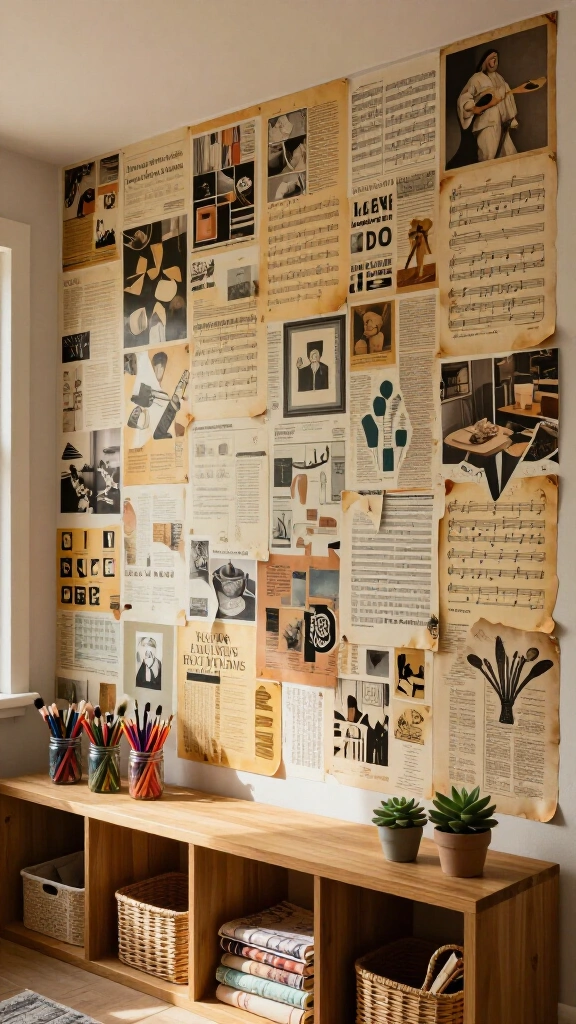 Newspaper or magazine collage feature wall