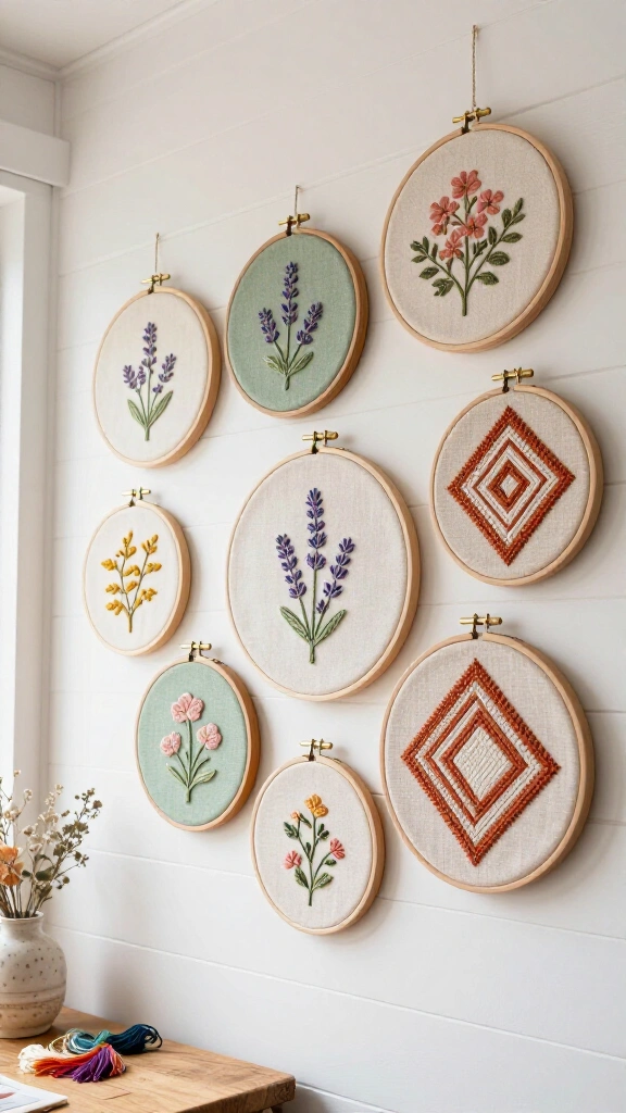 Hanging embroidery hoop art