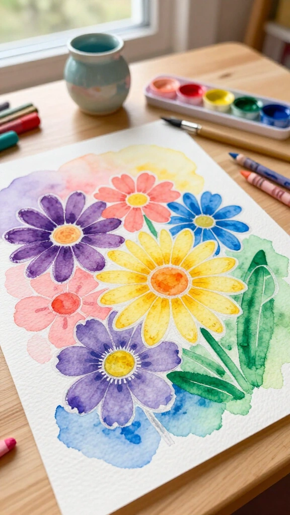 Watercolor resist flower art