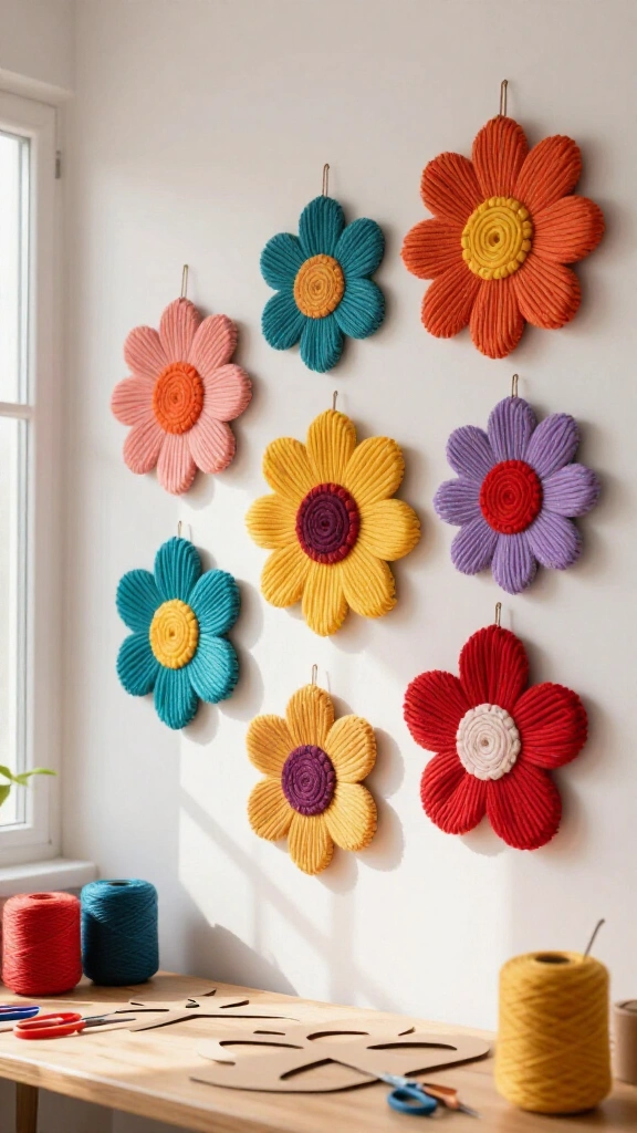 Yarn-wrapped flower wall hangings