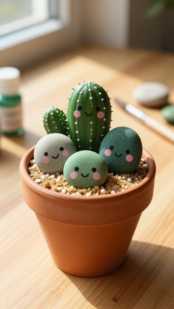 Kawaii cactus painted pebbles