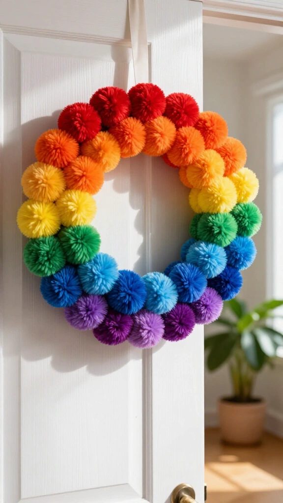 Rainbow pom-pom wreath