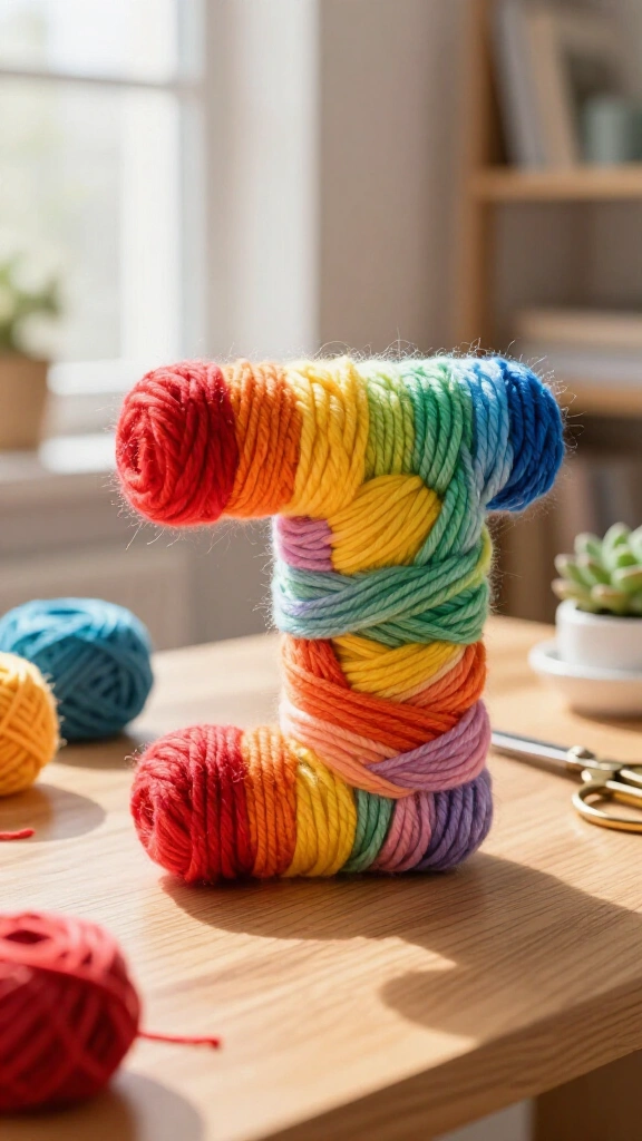Rainbow yarn wrapped letters