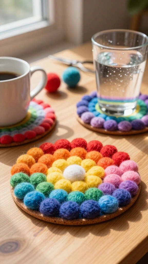 Rainbow felt ball coasters