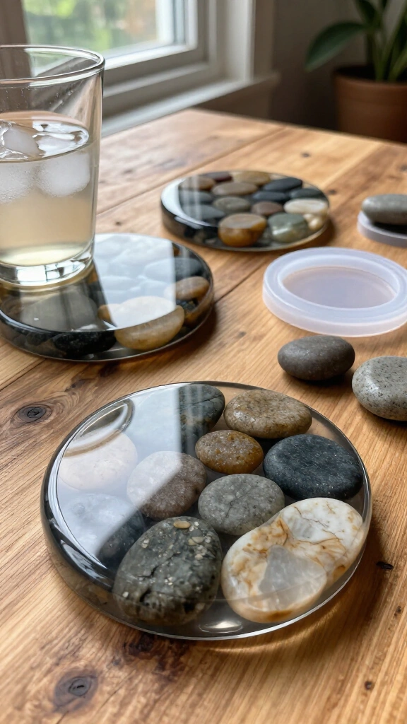Pour-over resin river rock coasters