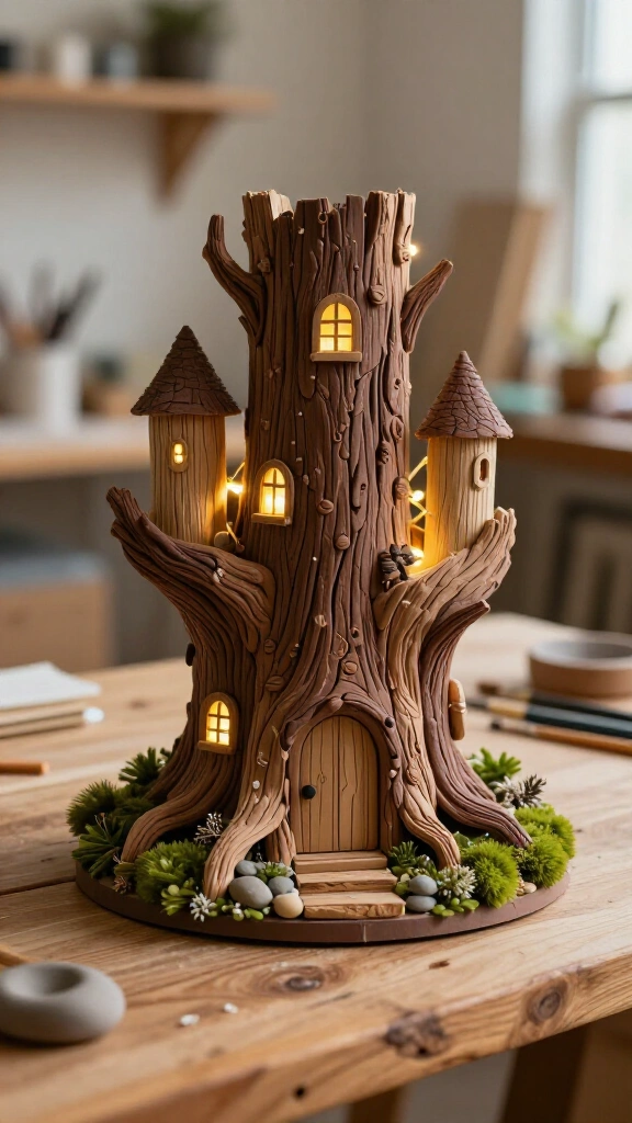 Paper mache tree trunk fairy castle