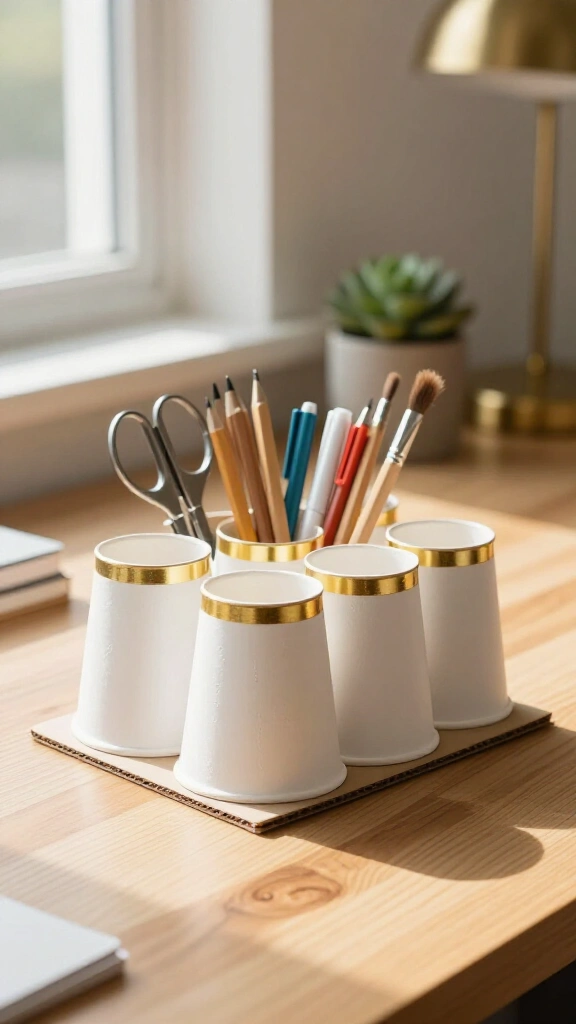 Upcycled paper cup desktop organizer