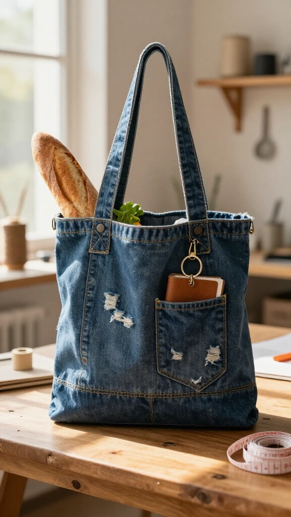 Distressed denim tote bag