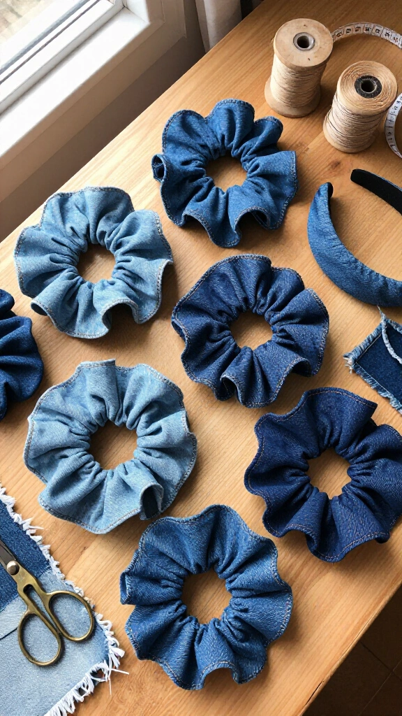 Denim hair scrunchies and headbands