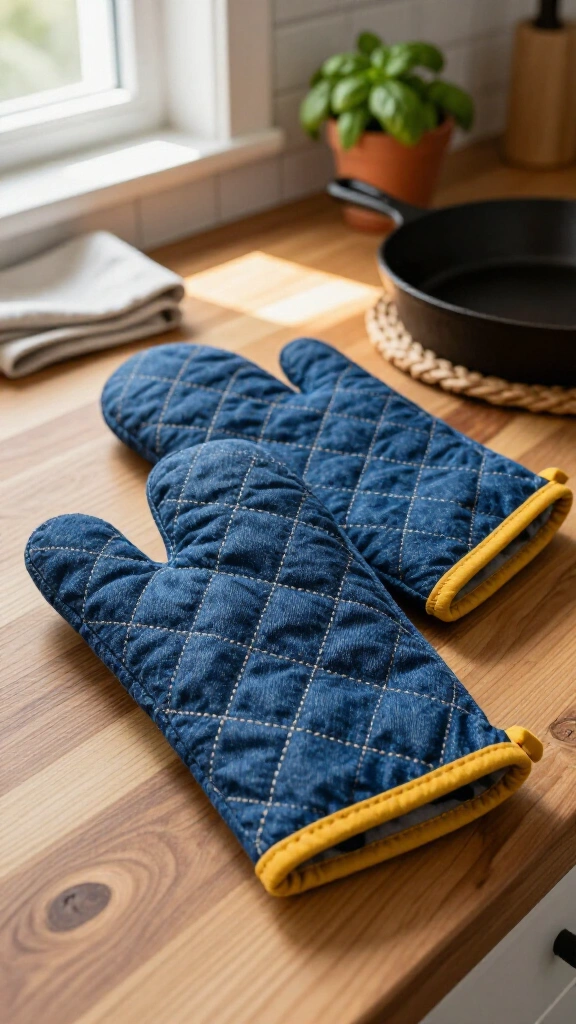 Denim quilted oven mitts