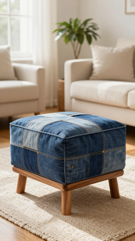 Denim upholstered footstool