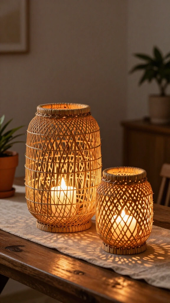 Woven rattan and wire lanterns