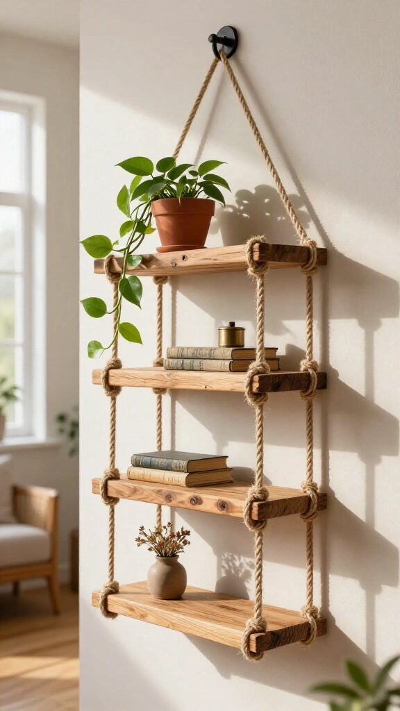 Floating hanging rope shelf