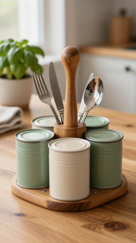 Upcycled tin can cutlery caddy