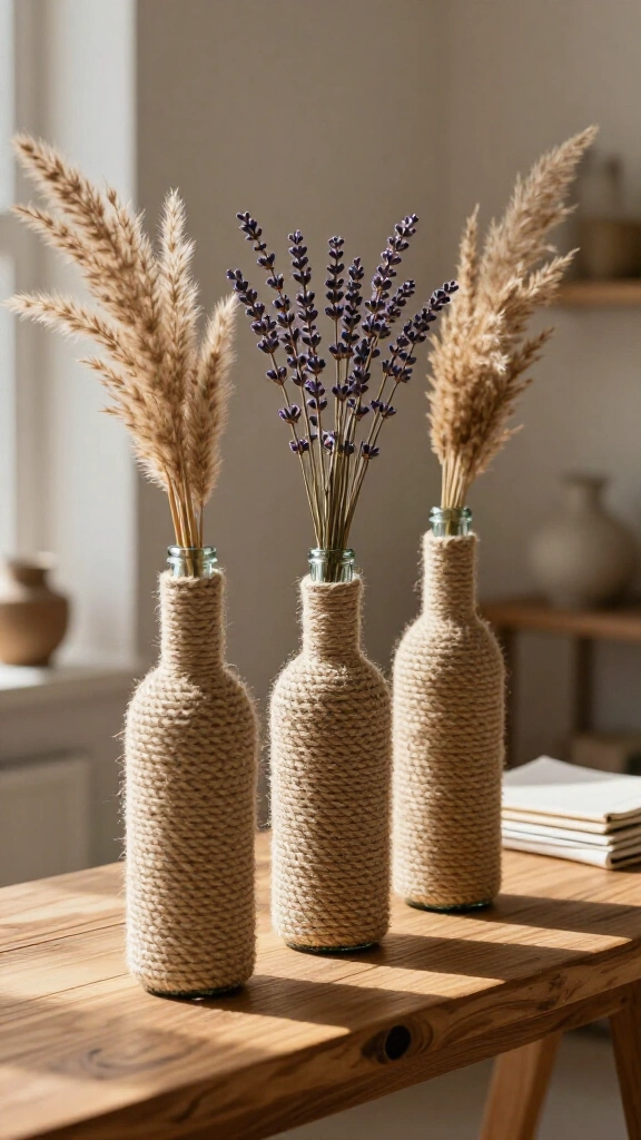 Rope-wrapped wine bottle vases
