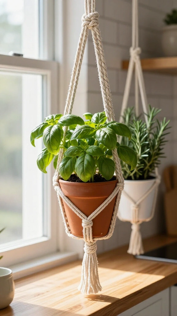 Macrame hanging herb basket