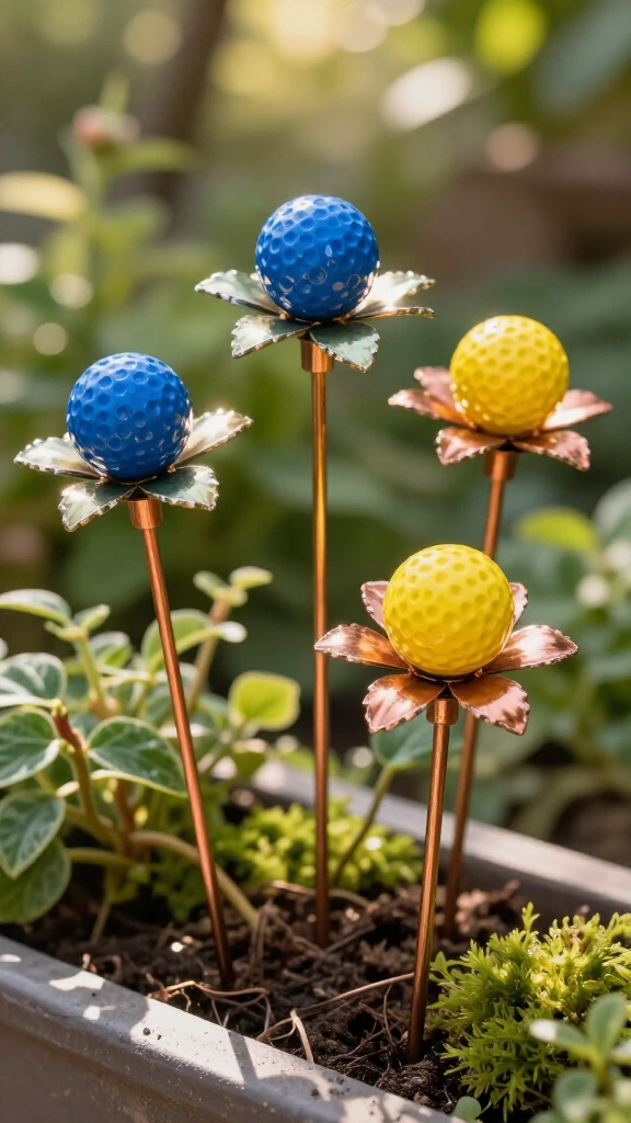 Decorative golf ball flower stake tops