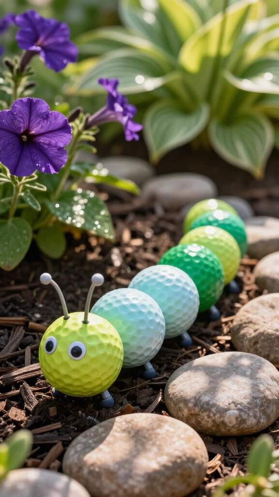 Golf ball caterpillar garden sculpture