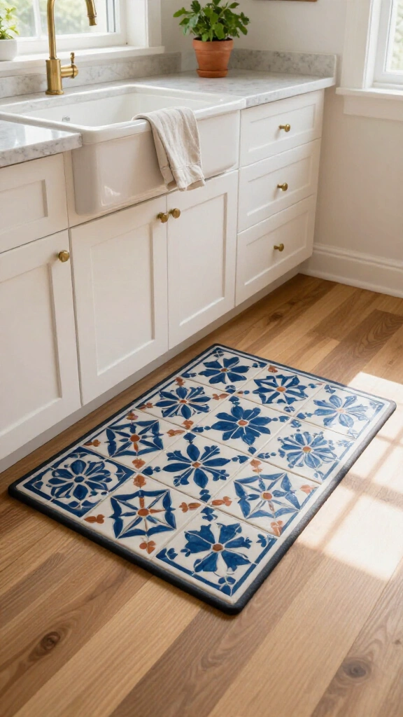 Peel-and-stick faux tile kitchen mats