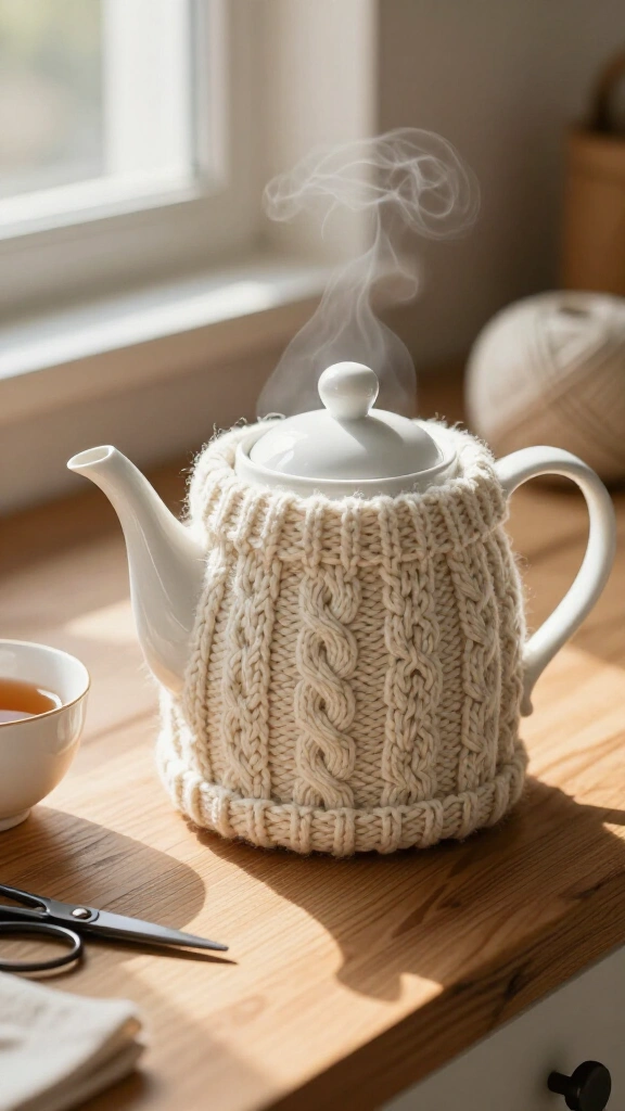 Upcycled knit sweater tea cozy