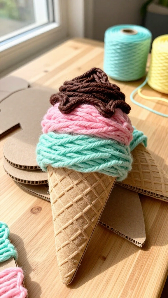 Yarn wrapped cardboard ice cream cones