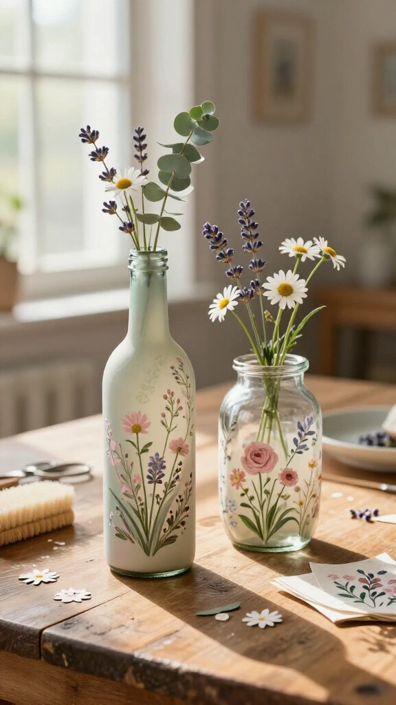 Decoupage glass bottles and vases