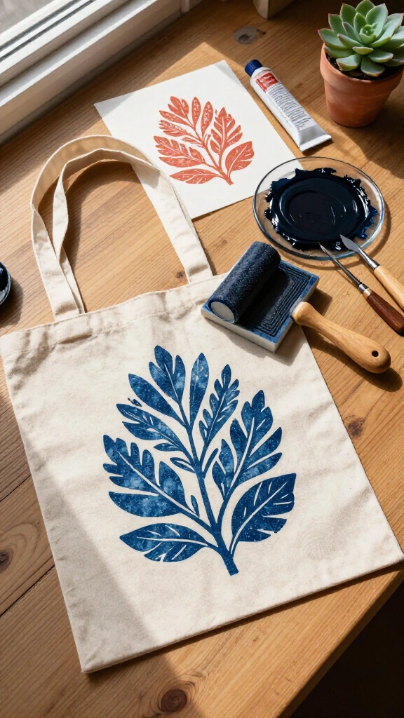 Linocut block printed tote bags