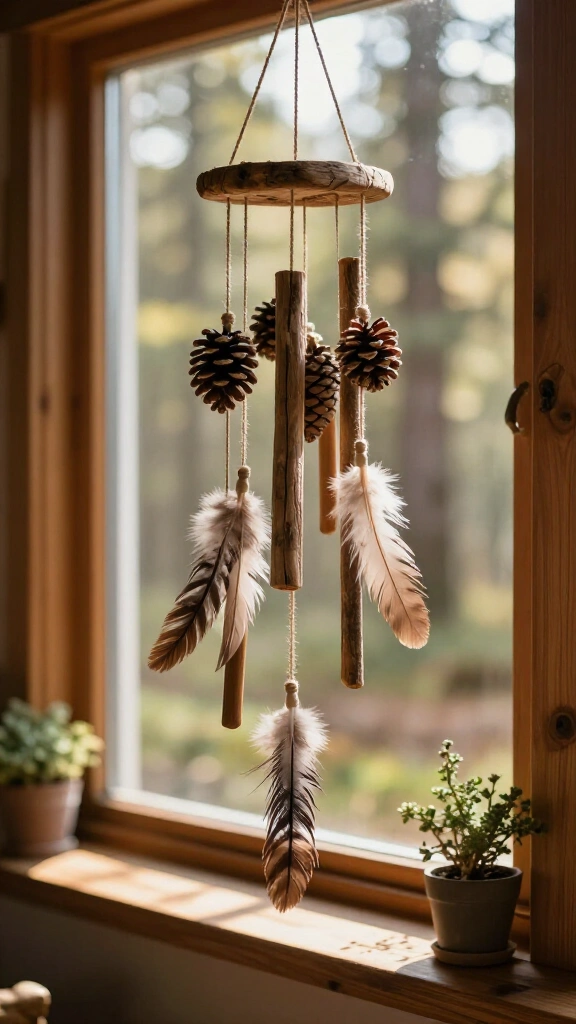 Feather and pinecone wind chime