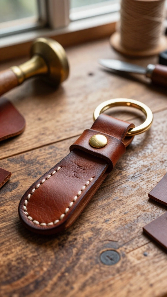 Hand-stitched leather keychain