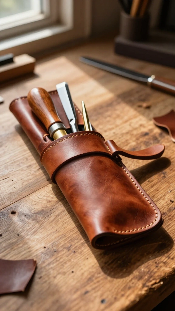 Roll-up leather tool pouch