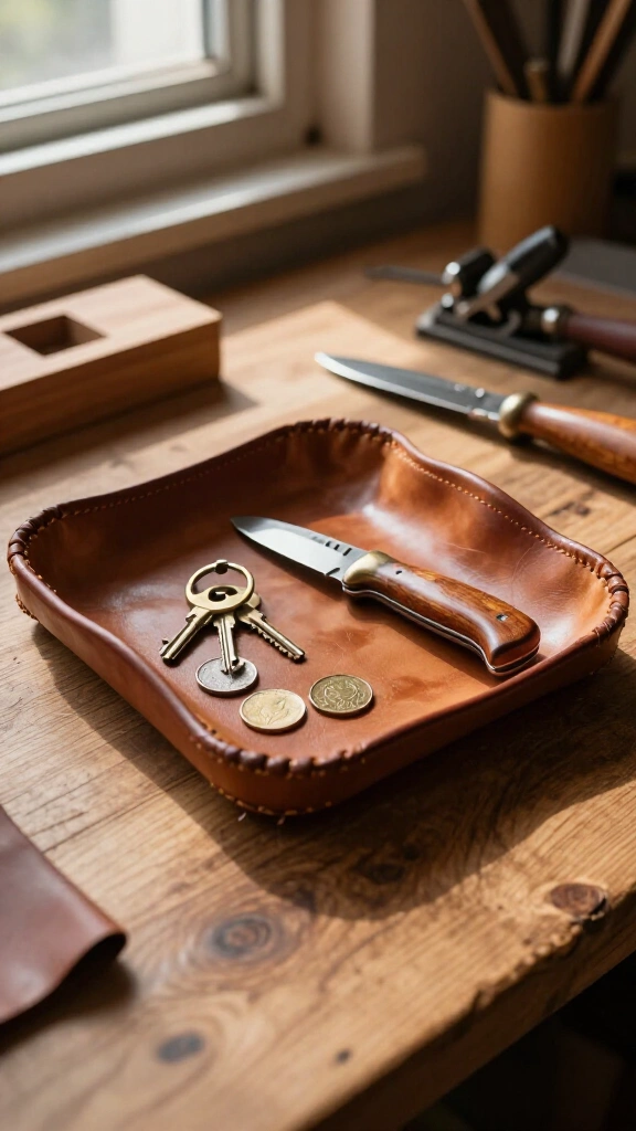 Molded leather catch-all tray
