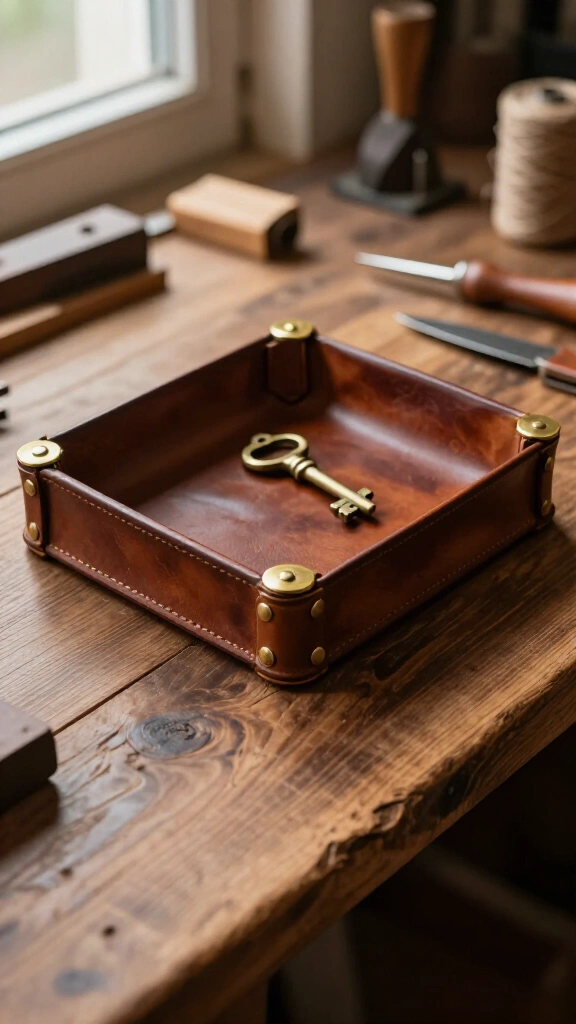 Leather valet tray with brass snaps