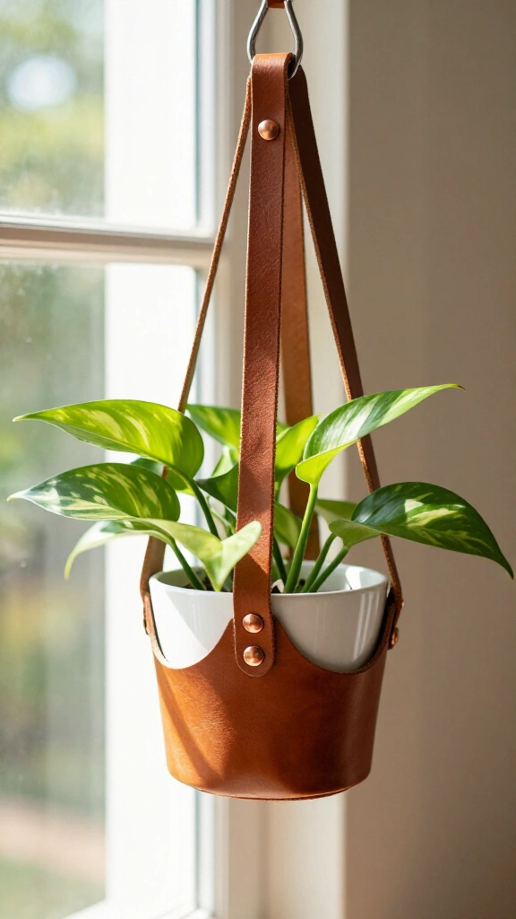 Hanging leather plant holder