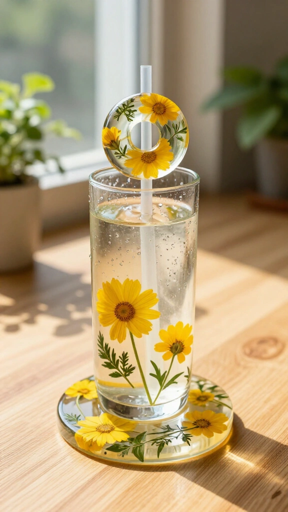 Pressed flower glass straw toppers and coasters