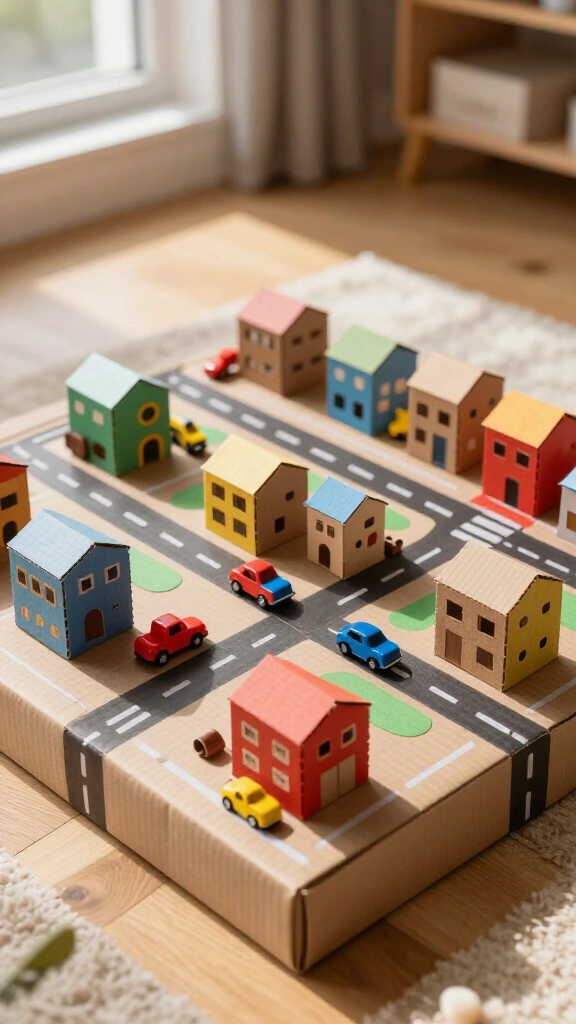 Miniature cardboard town and roads