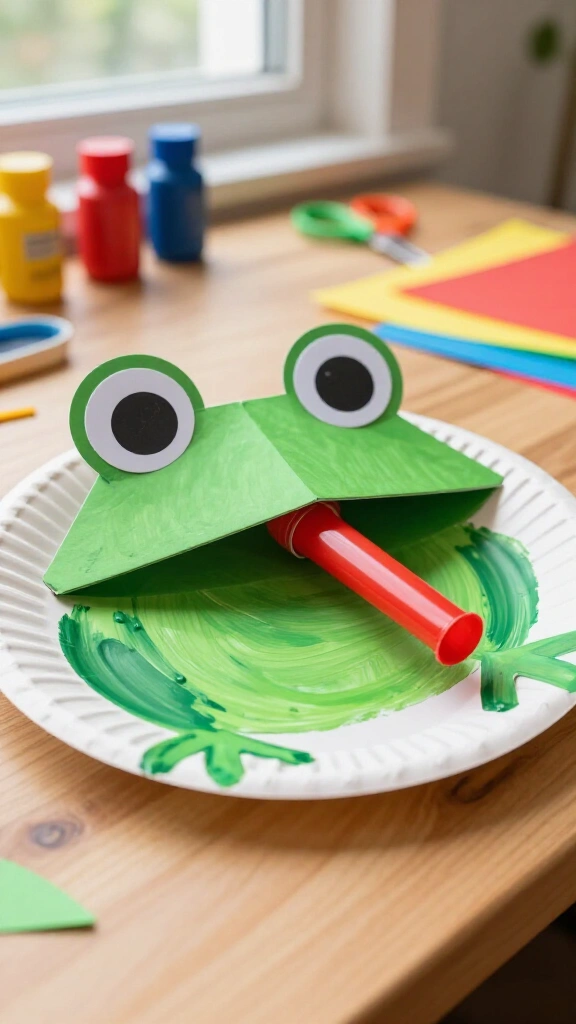 Paper plate frog with party blower tongue