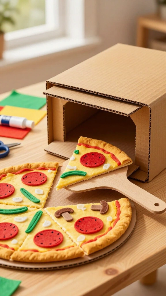 Cardboard pizza oven and slices