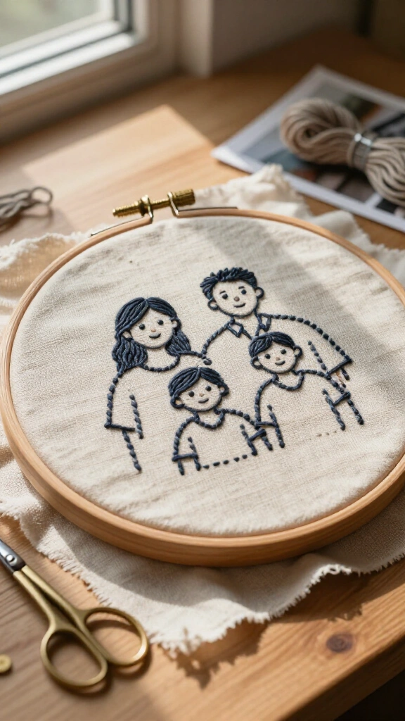 Embroidered family portrait hoop art