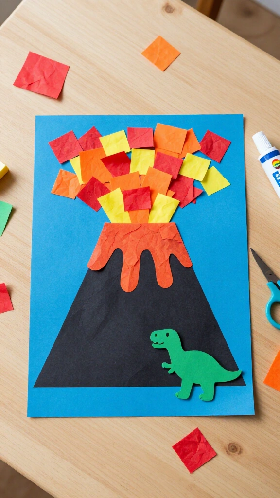 Tissue paper volcano and dino craft