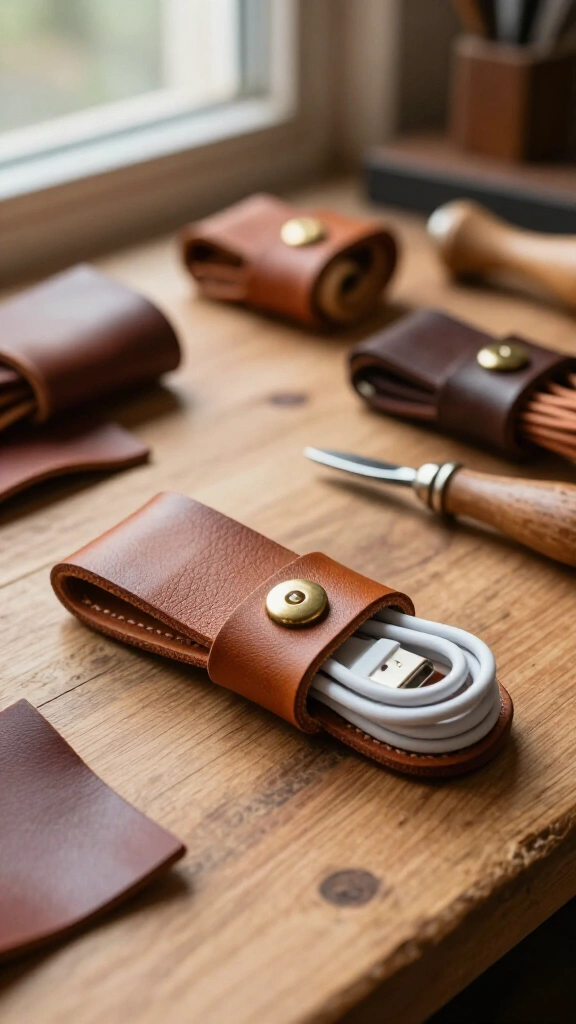 Hand-stitched leather cord organizer