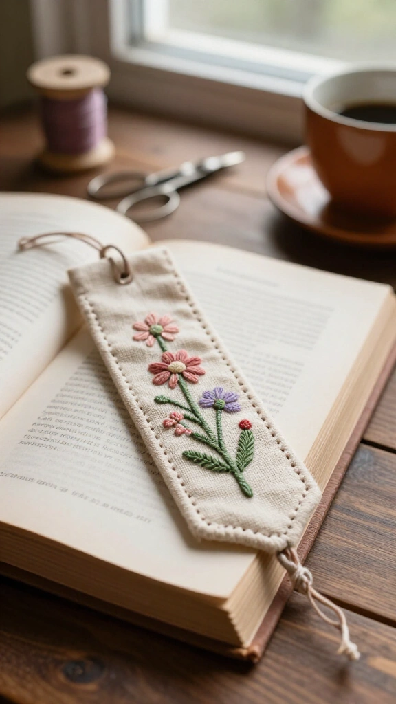 Embroidered fabric corner bookmark