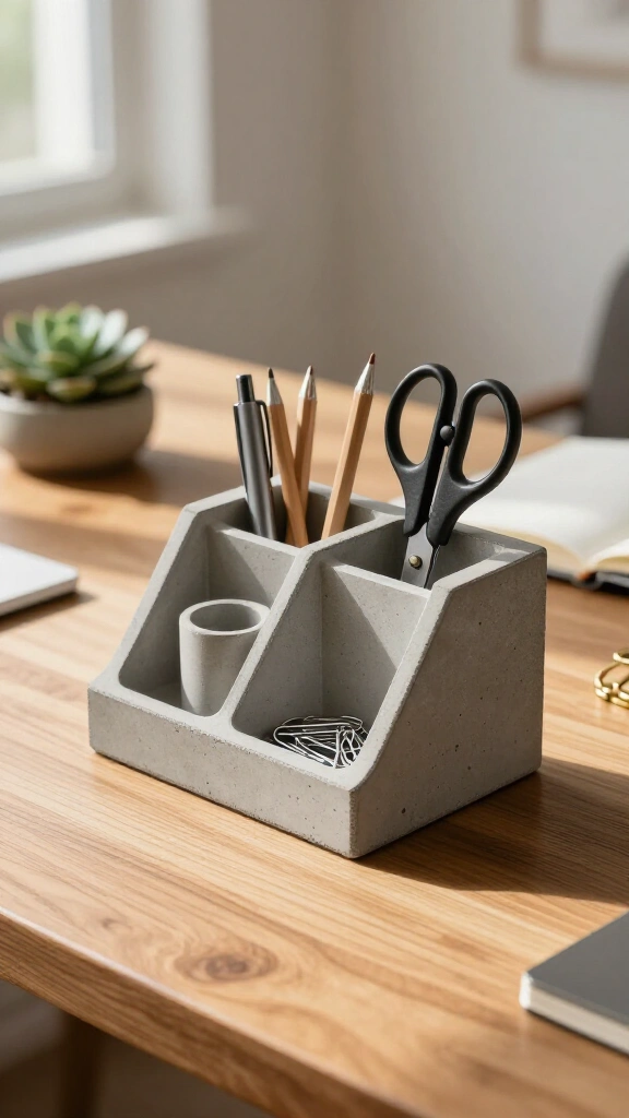 Concrete desk organizer and pen holder