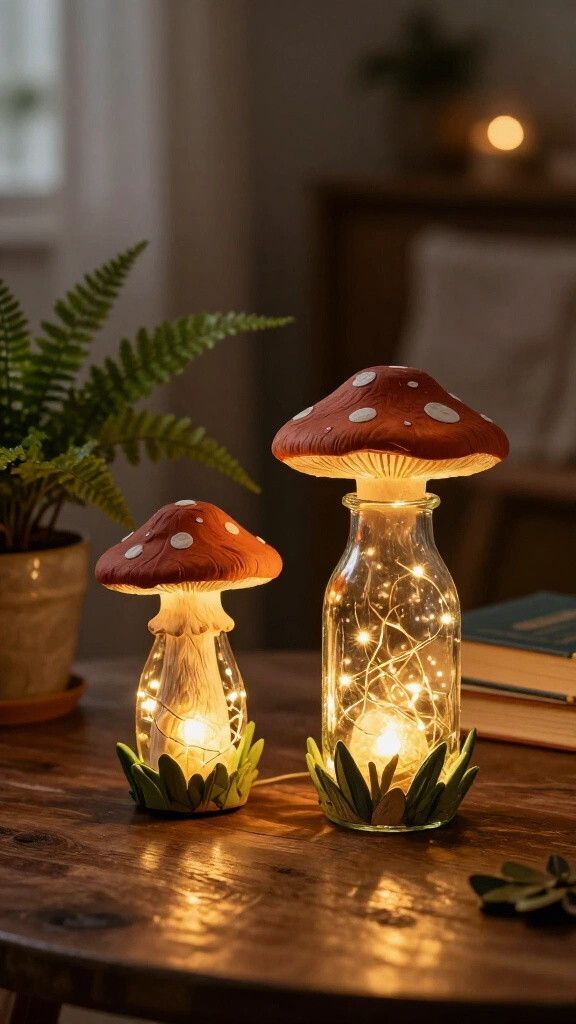 Upcycled glass bottle mushroom lamps