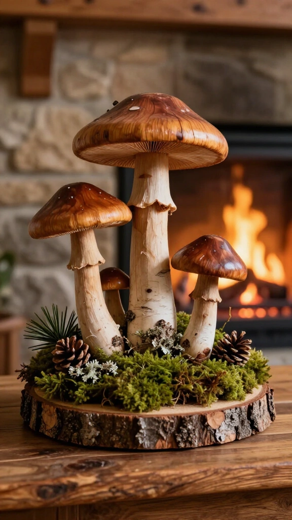 Rustic wooden slice mushroom sculptures