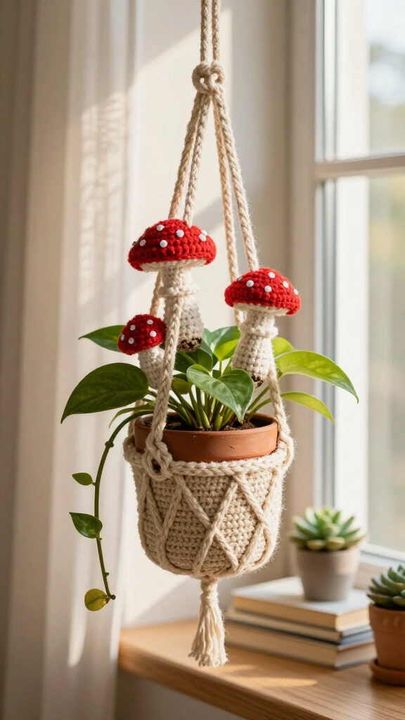 Crochet mushroom plant pot hangers