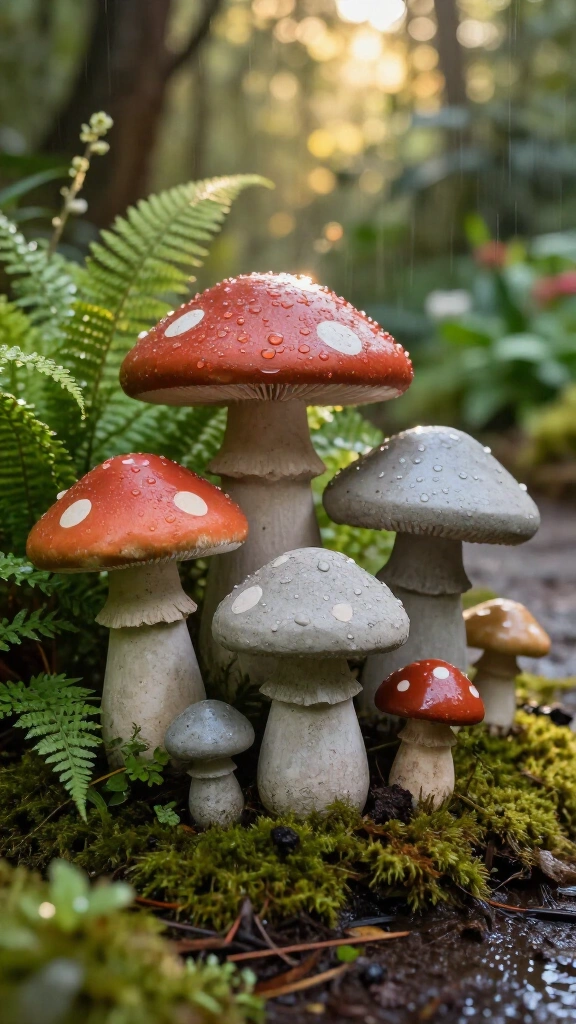 Concrete garden mushroom statues
