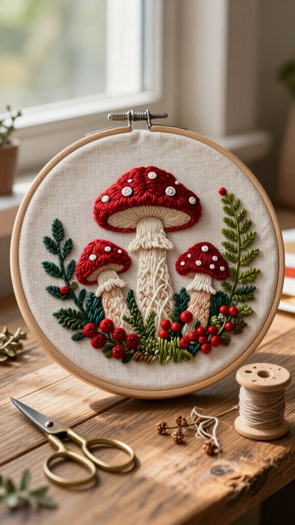 Embroidered mushroom hoop art